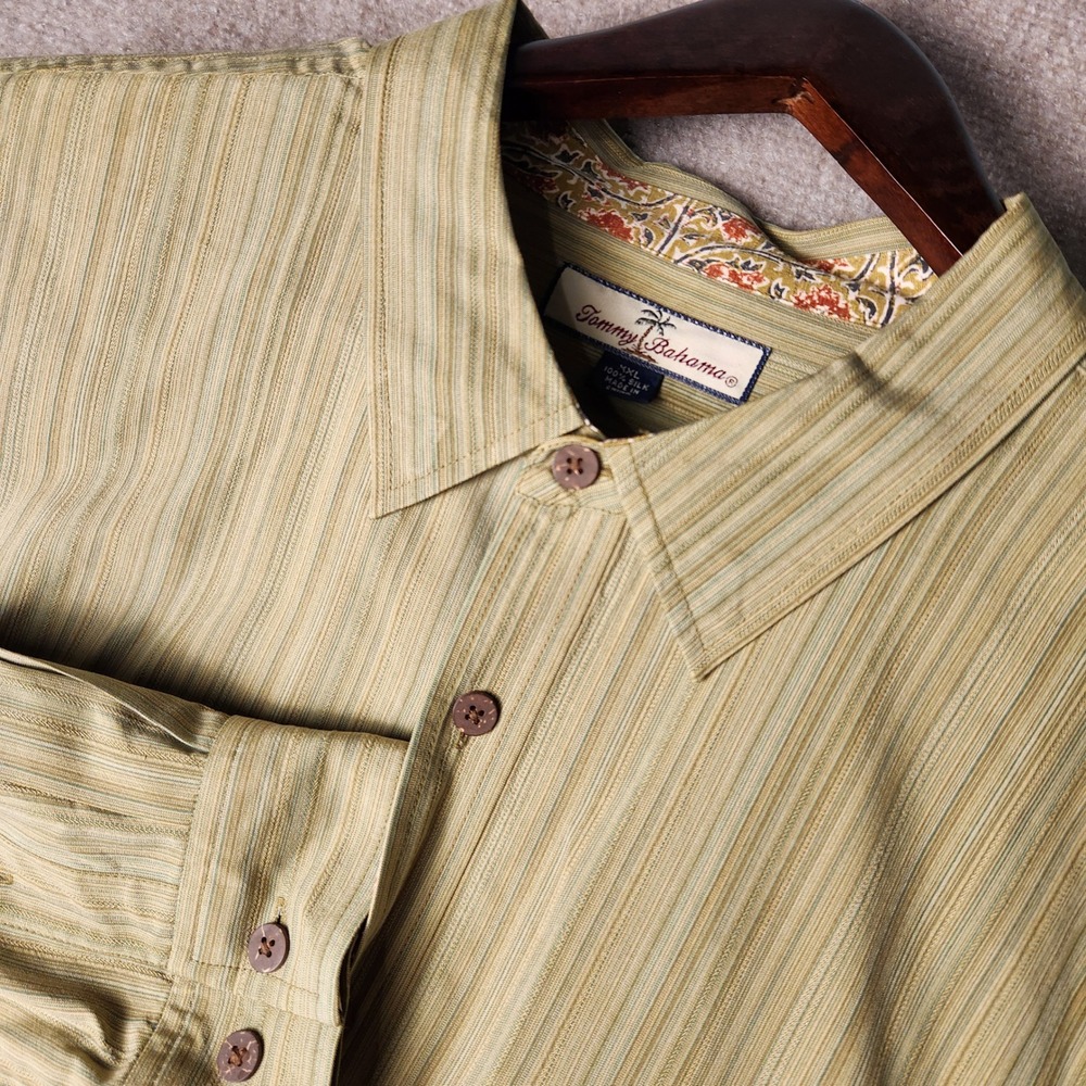 Tommy Bahama Button Down Mens XXL Green‎ Tan Striped 100% Silk Long Sleeve Shirt